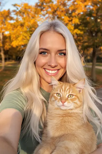 Cinematic Portrait of a Young Woman with White Hair and Orange Cat — Gemini prompt variation 2