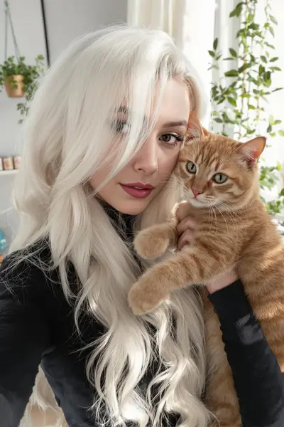 Cinematic Portrait of a Young Woman with White Hair and Orange Cat — Gemini prompt variation 3