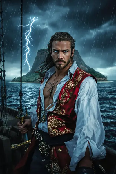 The Swashbuckler's Stand: 1820s Pirate Captain on Tropical Shores — Gemini prompt variation 4