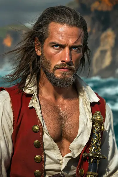 The Swashbuckler's Stand: 1820s Pirate Captain on Tropical Shores — Gemini prompt variation 2