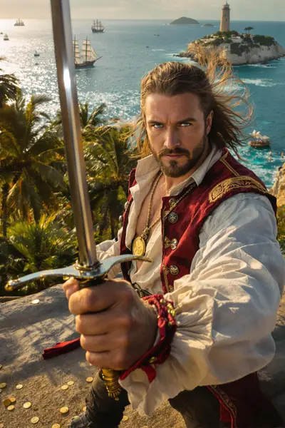 The Swashbuckler's Stand: 1820s Pirate Captain on Tropical Shores — Gemini prompt variation 3