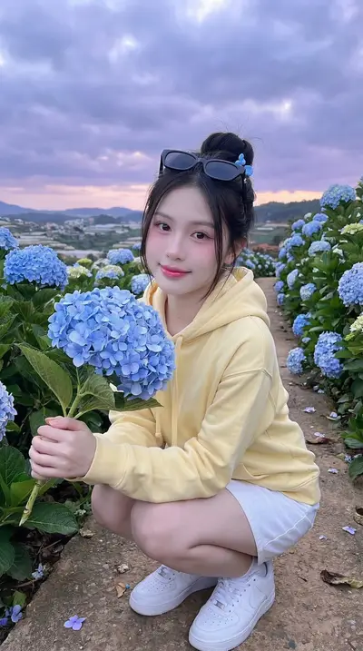 Blue Hydrangea Purple Sunset Vacation Lookbook Prompt — Midjourney prompt variation 5