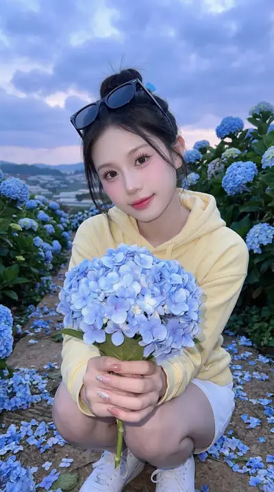 Blue Hydrangea Purple Sunset Vacation Lookbook Prompt — Midjourney prompt variation 6
