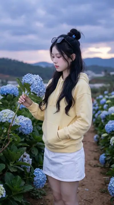 Blue Hydrangea Purple Sunset Vacation Lookbook Prompt — Midjourney prompt variation 2
