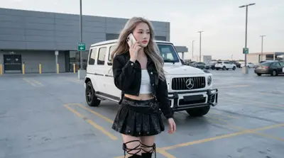 Black Outfit White SUV Industrial Parking Lot Portrait — Midjourney prompt variation 5