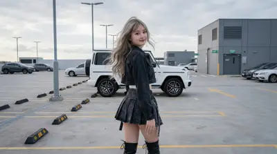 Black Outfit White SUV Industrial Parking Lot Portrait — Midjourney prompt variation 2