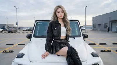 Black Outfit White SUV Industrial Parking Lot Portrait — Midjourney prompt variation 10