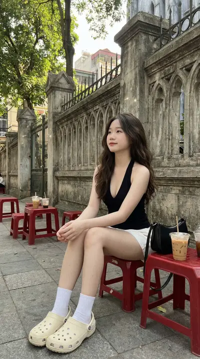 Black V-Neck Tank Top Hanoi Sidewalk Cafe Portrait Prompt — Midjourney prompt variation 2
