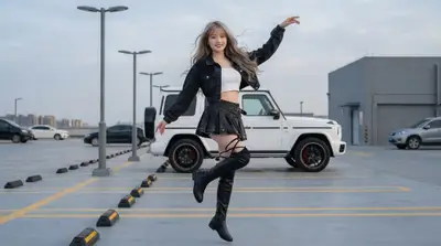 Black Outfit White SUV Industrial Parking Lot Portrait — Midjourney prompt variation 7