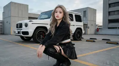 Black Outfit White SUV Industrial Parking Lot Portrait — Midjourney prompt variation 6