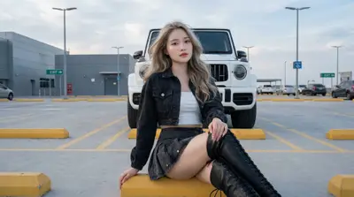 Black Outfit White SUV Industrial Parking Lot Portrait — Midjourney prompt variation 8