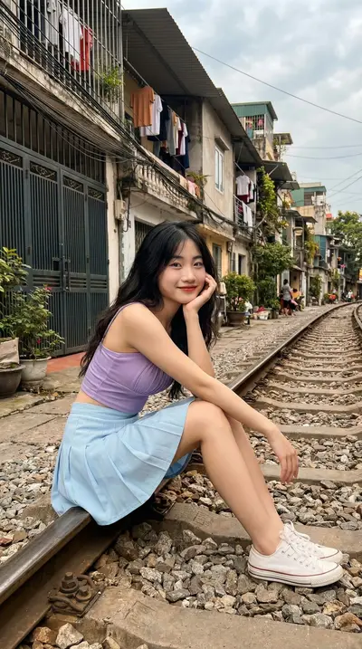 Hanoi Train Street Asian Woman Lifestyle Portrait Prompt — Midjourney prompt variation 8