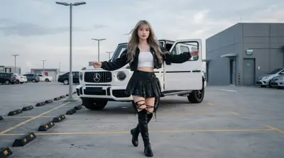 Black Outfit White SUV Industrial Parking Lot Portrait — Midjourney prompt variation 4