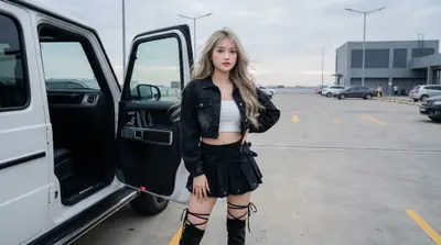 Black Outfit White SUV Industrial Parking Lot Portrait