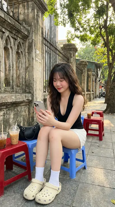 Black V-Neck Tank Top Hanoi Sidewalk Cafe Portrait Prompt — Midjourney prompt variation 6