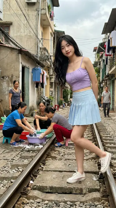 Hanoi Train Street Asian Woman Lifestyle Portrait Prompt — Midjourney prompt variation 1