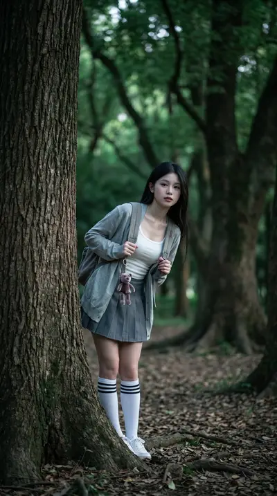 Japanese Schoolgirl Forest Series — White Tank and Cardigan — Midjourney prompt variation 5