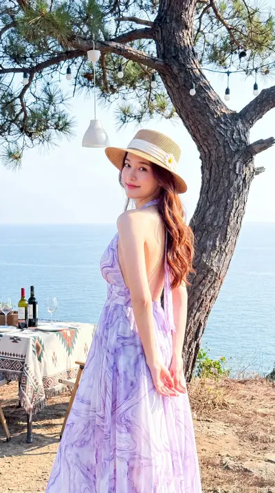 Lavender Marble Chiffon Maxi Dress Cliffside Lookbook — Midjourney prompt variation 3