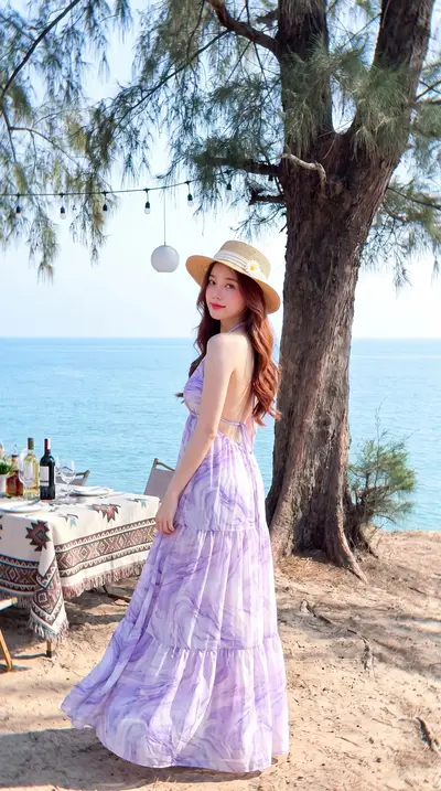 Lavender Marble Chiffon Maxi Dress Cliffside Lookbook — Midjourney prompt variation 2