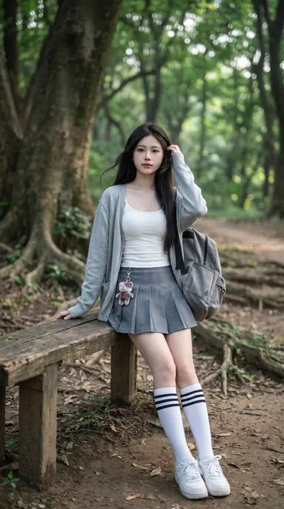 Japanese Schoolgirl Forest Series — White Tank and Cardigan — Midjourney prompt variation 8