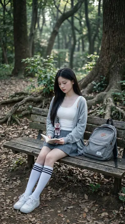 Japanese Schoolgirl Forest Series — White Tank and Cardigan — Midjourney prompt variation 10