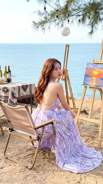 Lavender Marble Chiffon Maxi Dress Cliffside Lookbook — Midjourney prompt variation 8