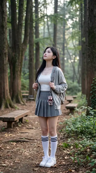 Japanese Schoolgirl Forest Series — White Tank and Cardigan — Midjourney prompt variation 2