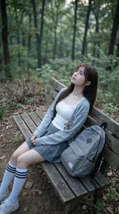 Japanese Schoolgirl Forest Series — White Tank and Cardigan — Midjourney prompt variation 11