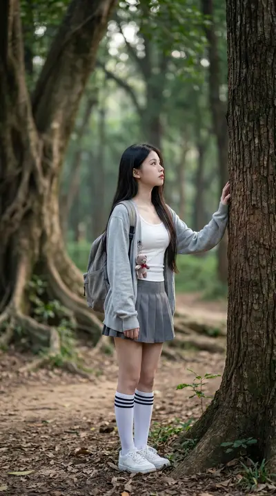 Japanese Schoolgirl Forest Series — White Tank and Cardigan — Midjourney prompt variation 3