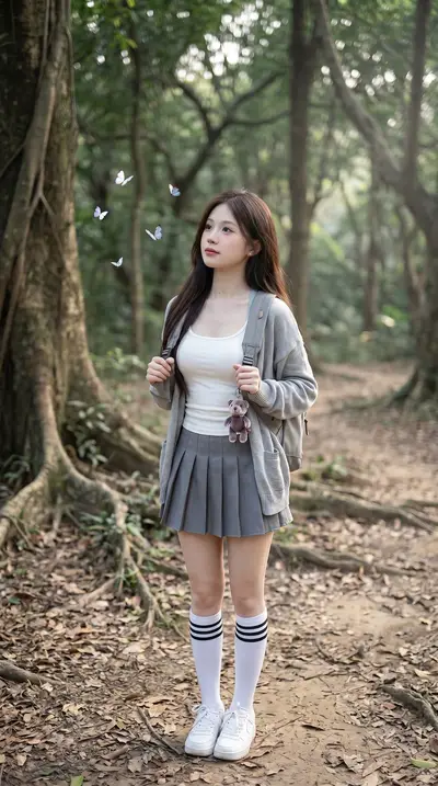 Japanese Schoolgirl Forest Series — White Tank and Cardigan — Midjourney prompt variation 4