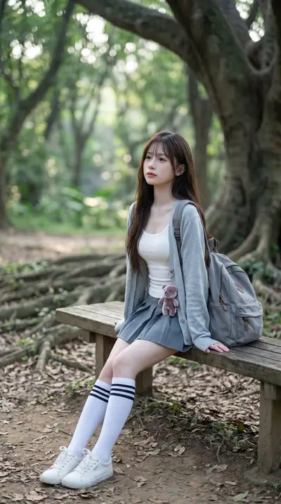Japanese Schoolgirl Forest Series — White Tank and Cardigan — Midjourney prompt variation 7