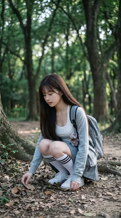 Japanese Schoolgirl Forest Series — White Tank and Cardigan — Midjourney prompt variation 6