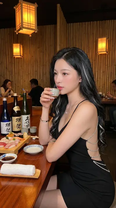 Backless Chain Silk Dress Japanese Zen Restaurant Portrait — Midjourney prompt variation 7