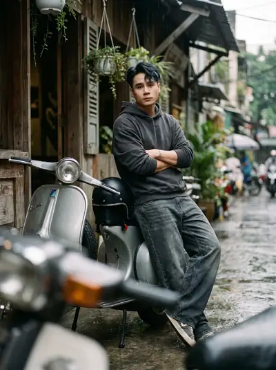 Charcoal Hoodie Vespa Scooter Rainy Alley Portrait Series — Midjourney prompt variation 2