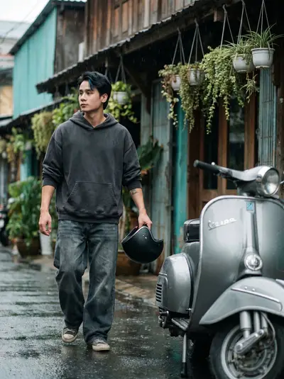 Charcoal Hoodie Vespa Scooter Rainy Alley Portrait Series