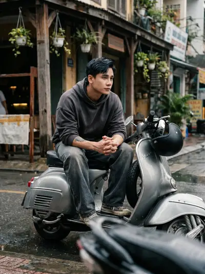 Charcoal Hoodie Vespa Scooter Rainy Alley Portrait Series — Midjourney prompt variation 5
