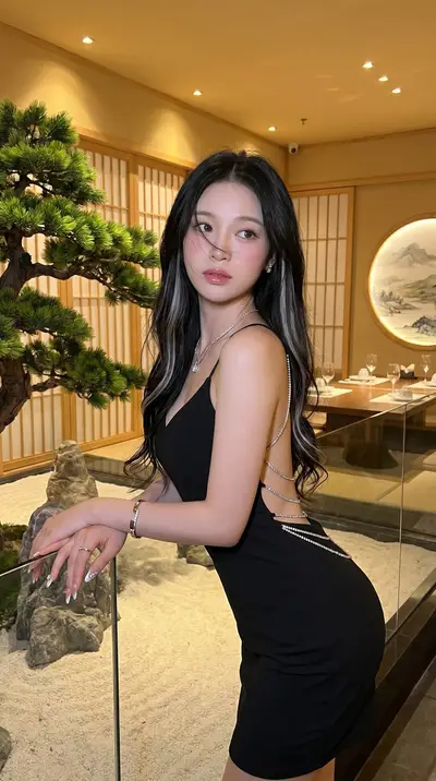 Backless Chain Silk Dress Japanese Zen Restaurant Portrait — Midjourney prompt variation 2