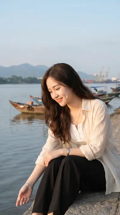 Asian Woman Tranquil River Golden Hour Portrait Prompt — Midjourney prompt variation 8