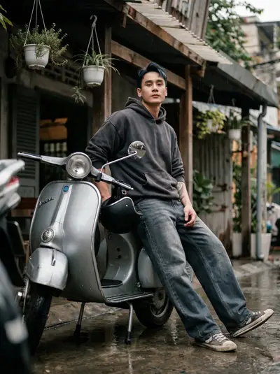 Charcoal Hoodie Vespa Scooter Rainy Alley Portrait Series — Midjourney prompt variation 4