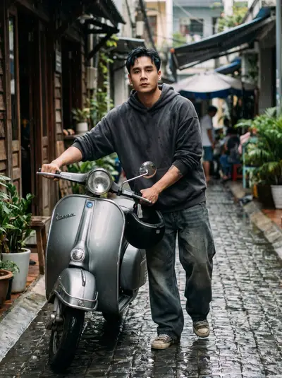 Charcoal Hoodie Vespa Scooter Rainy Alley Portrait Series — Midjourney prompt variation 3