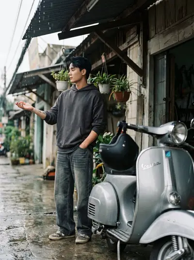 Charcoal Hoodie Vespa Scooter Rainy Alley Portrait Series — Midjourney prompt variation 7