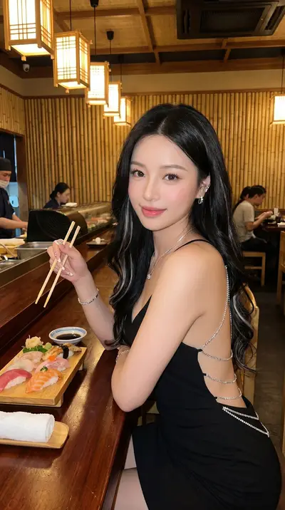 Backless Chain Silk Dress Japanese Zen Restaurant Portrait — Midjourney prompt variation 6