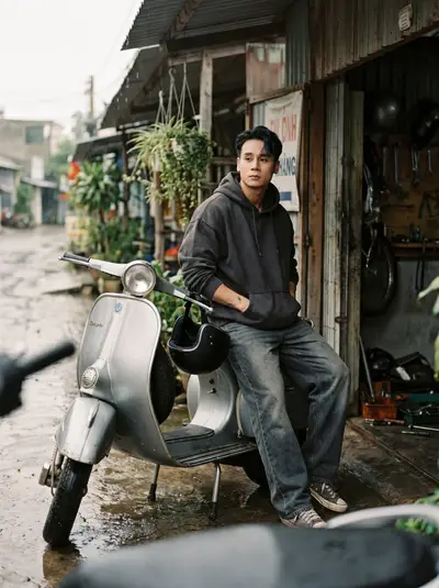 Charcoal Hoodie Vespa Scooter Rainy Alley Portrait Series — Midjourney prompt variation 8