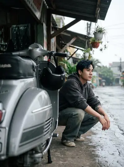 Charcoal Hoodie Vespa Scooter Rainy Alley Portrait Series — Midjourney prompt variation 6