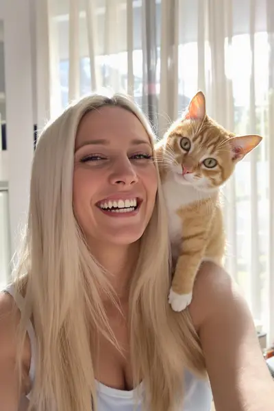 Cinematic Portrait of a Young Woman with White Hair and Orange Cat — Gemini prompt variation 4