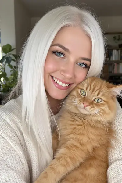 Cinematic Portrait of a Young Woman with White Hair and Orange Cat