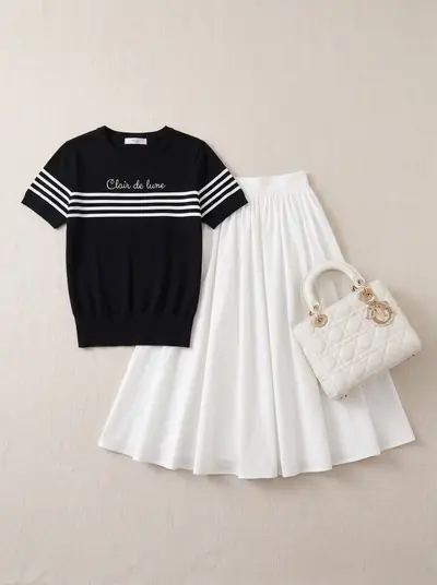 Black Graphic Tee White Midi Skirt Luxury Hotel Lookbook — Midjourney prompt variation 2