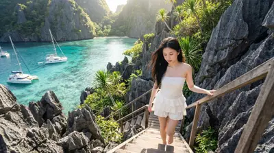 Tropical Turquoise Bay Cinematic Portrait Photography — Midjourney prompt variation 1