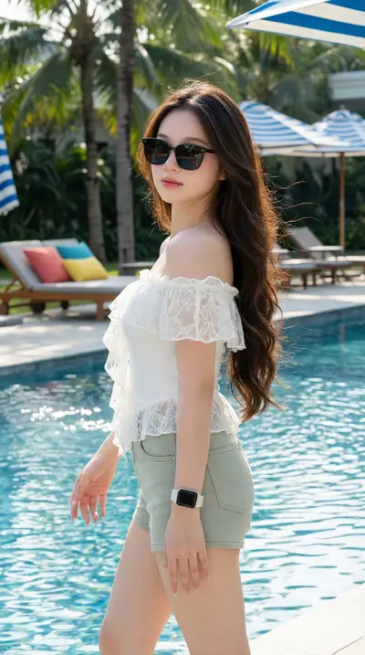 Dark Brown Hair Poolside Lifestyle Photography Prompt — Midjourney prompt variation 5
