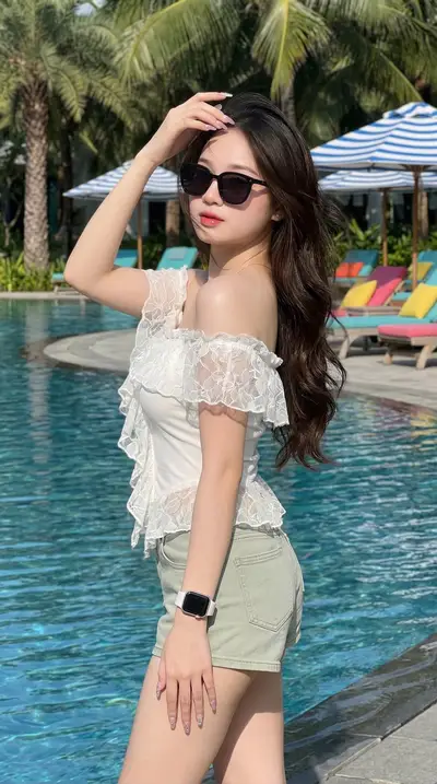 Dark Brown Hair Poolside Lifestyle Photography Prompt — Midjourney prompt variation 6